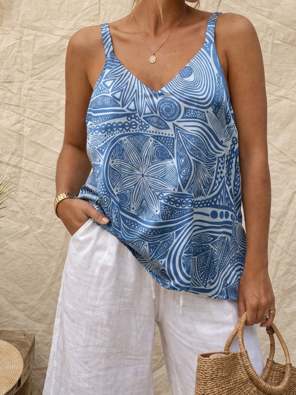 Silky Blue Print Tank Top | Beachy Resort Wear | Size Small
